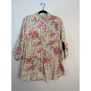 April Cornell Floral Stripe Peplum Tunic Top Pink Rose Roll Tab Sleeve Small